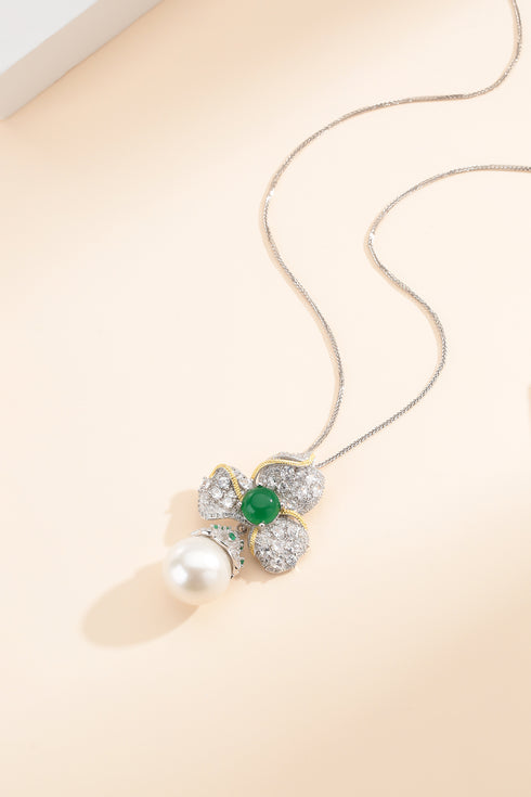 Green Gem Zirconia Floral Peal Pendant - House Of Pearls
